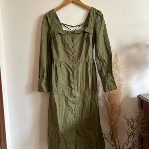 Rihoas Green Linen/Cotton Button-Down Midi Dress